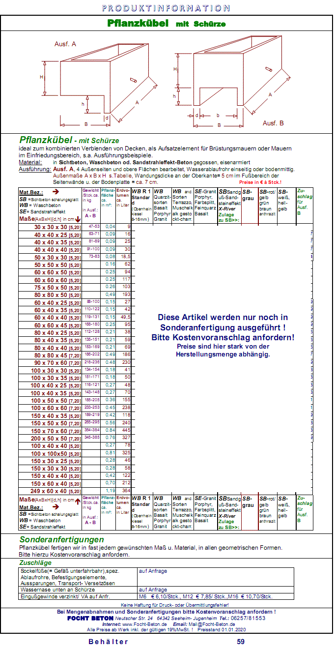 Pflanzk&auml;sten mit Sch&uuml;rze in Sichtbeton,Waschbeton,Betonwerkstein...