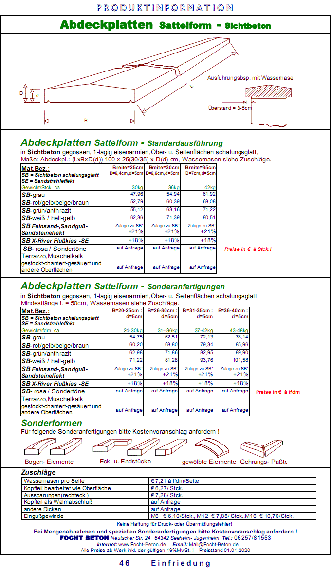 Sattel Abdeckplatten Mauer Abdeckungen Sichtbeton Ma&szlig;anfertigung Preise