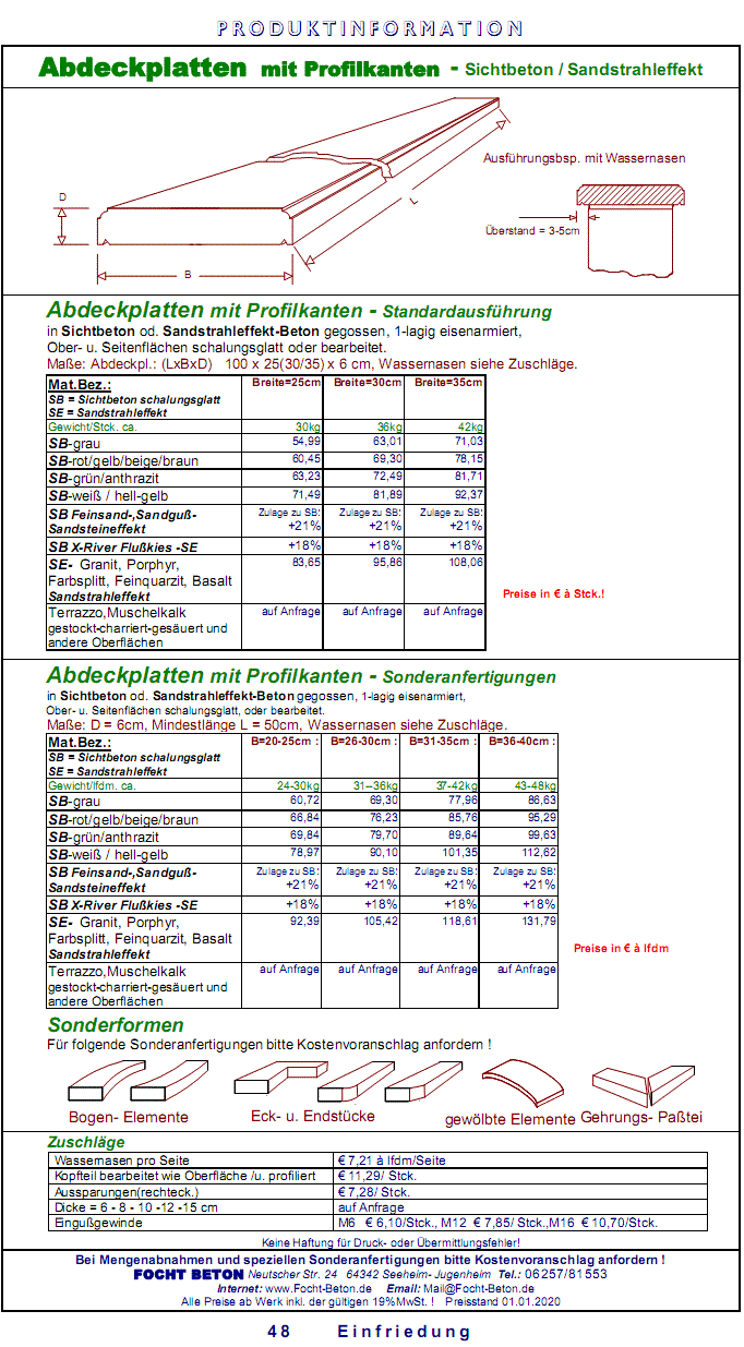 Klassische Abdeckplatten mit Profil  in Sichtbeton Sandstrahleffekt Ma&szlig;anfertigung Preis