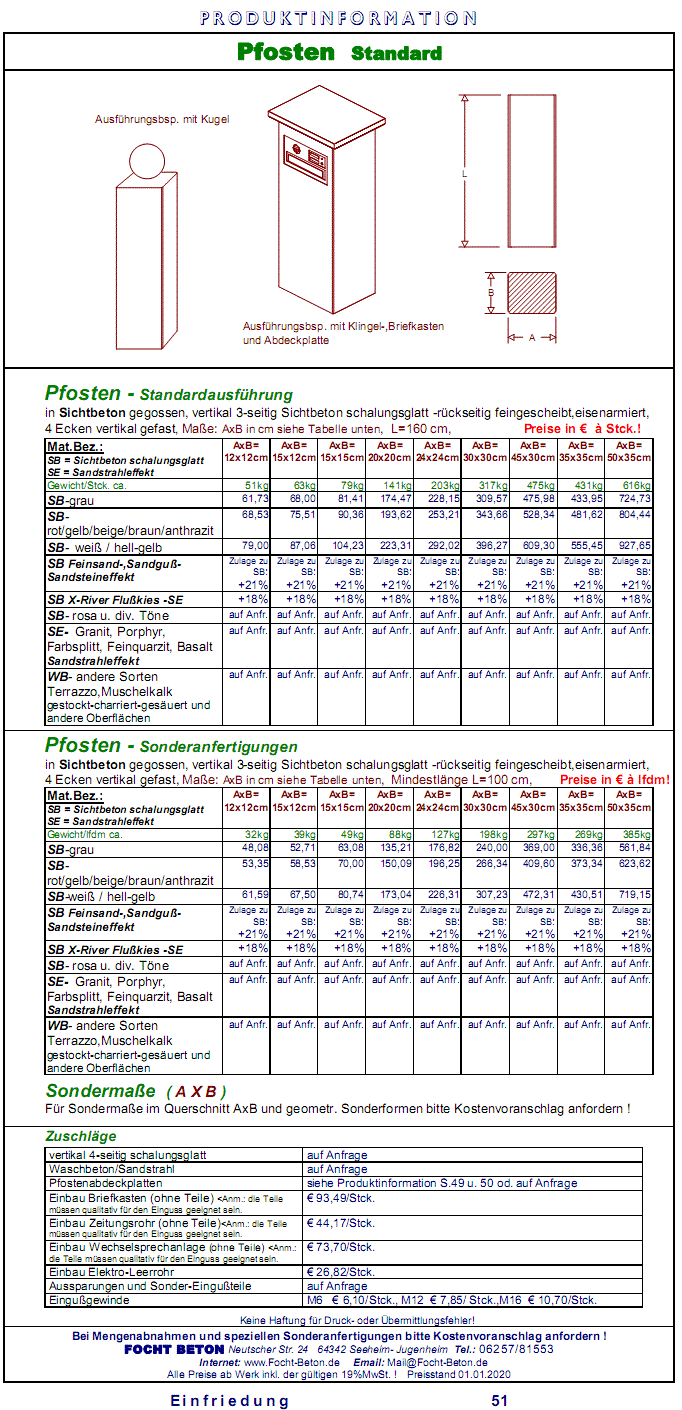Pfosten Pfeiler Sichtbeton, Waschbeton, Sandstrahleffekt Preis Ma&szlig;anfertigung