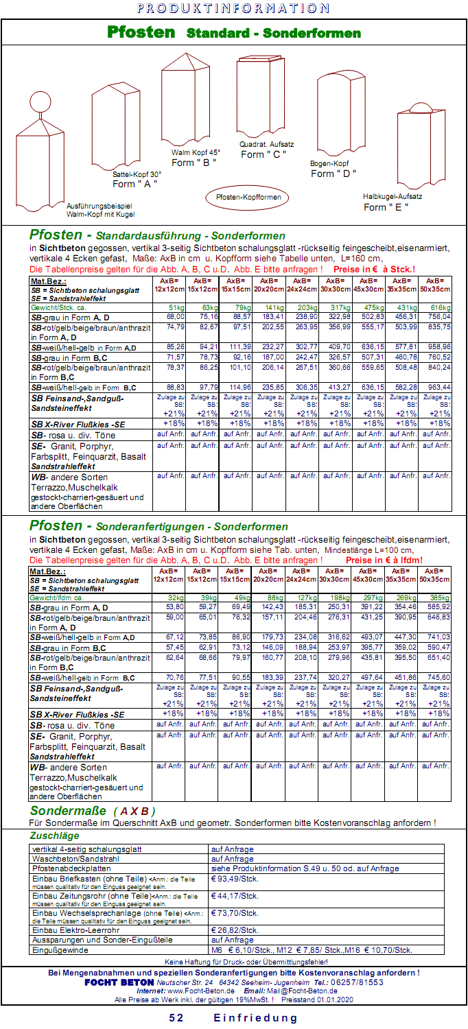 Pfosten Pfeiler Sonderformen Sichtbeton, Waschbeton, Sandstrahleffekt Preise Ma&szlig;anfertigung