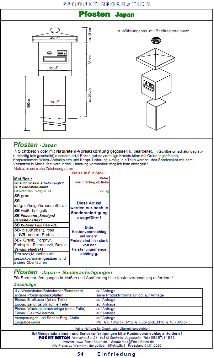 Pfosten -Japan  Sichtbeton, Sandstrahleffekt Preise Ma&szlig;anfertigung