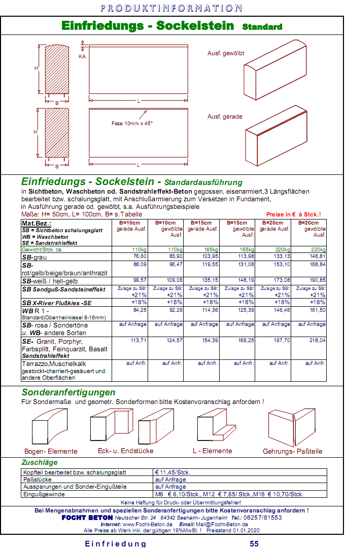 Mauerscheibe Sockelstein Zaunsockel  Sichtbeton,Waschbeton,Sandstrahleffekt Preise Ma&szlig;anfertigung