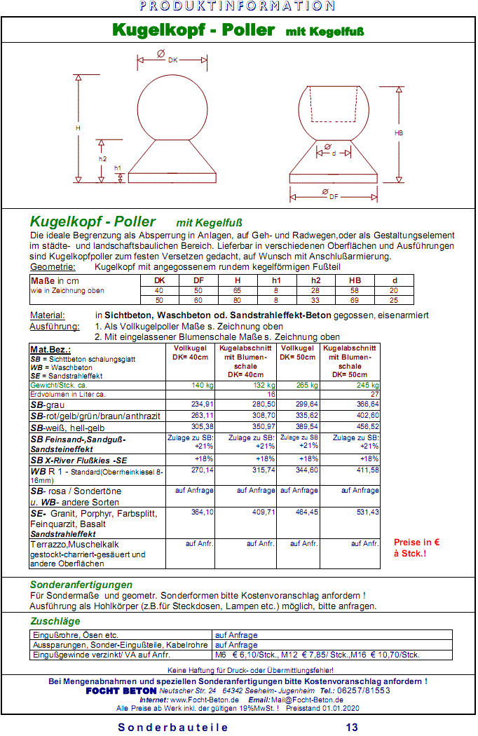 Kugelkopfpoller mit Kegelfu&szlig; / Poller / Anfahrschutz ..mit Preisen