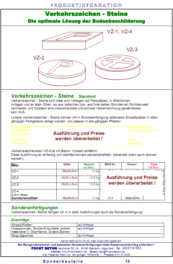 Verkehrszeichen - Steine zur Bodenbeschilderung in verschiedenen Ausf&uuml;hrungen