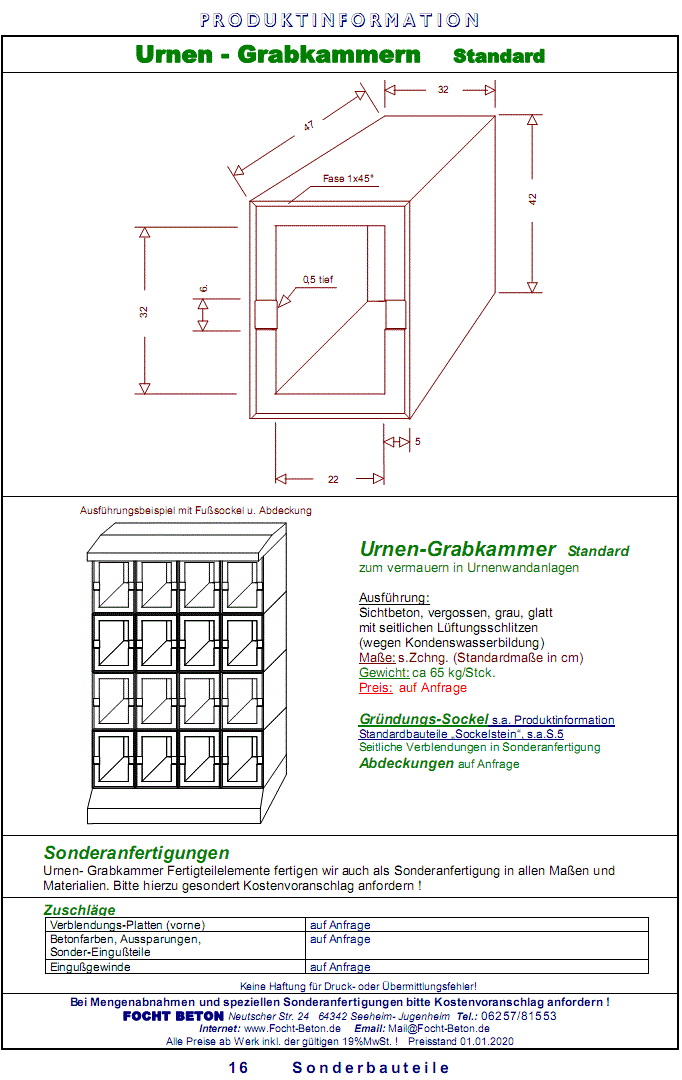 Urnen in Sichtbeton mit Ma&szlig;en und Zeichnung auch Ma&szlig;anfertigung