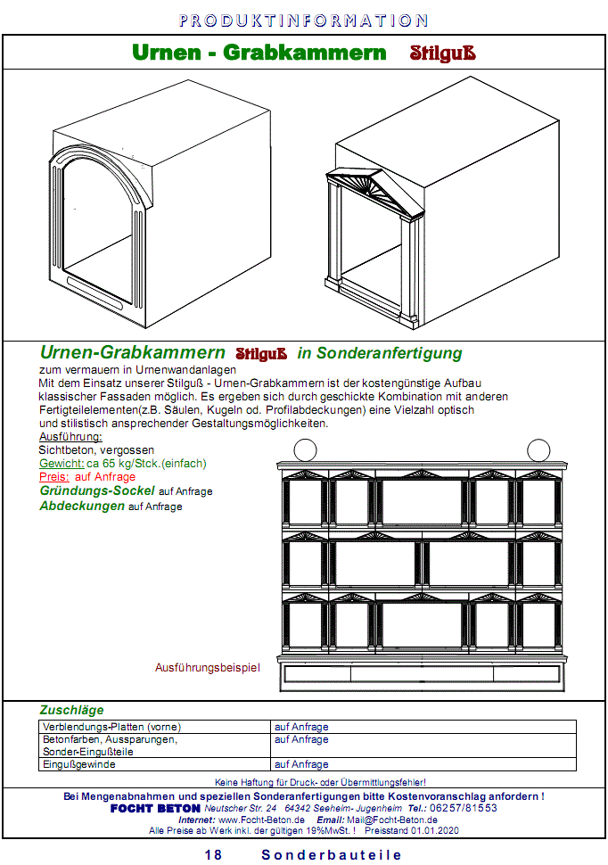 Urnen Grabkammern Urnenw&auml;nde aus Beton in Ma&szlig;anfertigung
