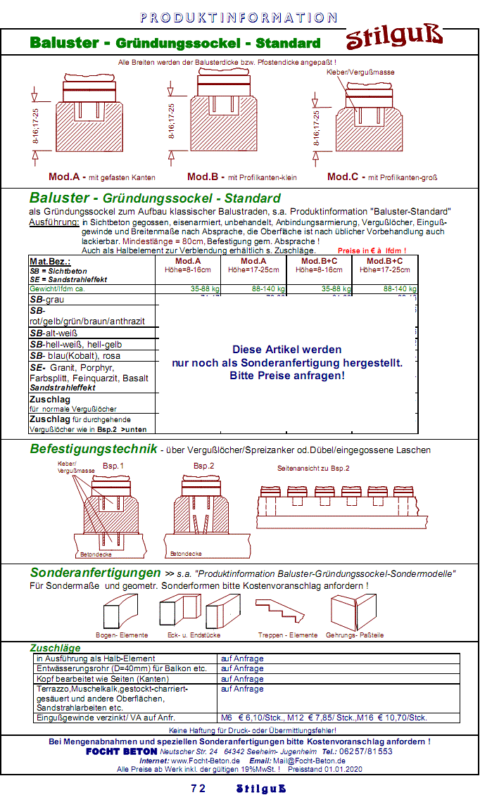 Balustraden Fu&szlig;lauf / Gr&uuml;ndungssockel Standard Beton Preise